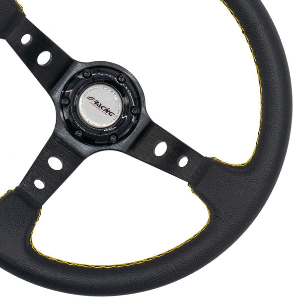 Simoni Racing Universal 350mm Leather Steering WHEEL 3 Spk Black Yellow Car Sim