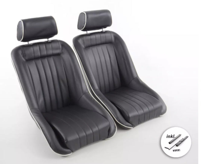 FK x2 Black White Piping Classic Car Retro Kit Sports Fixed Back Bucket Seats