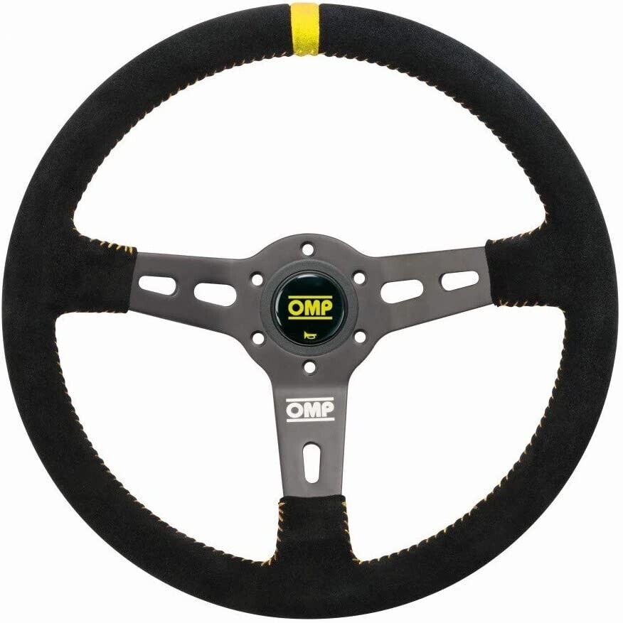 OMP Rs Steering WHEEL 3 Spoke Black Alcantara Yellow Stitch 350mm OD/2055/N
