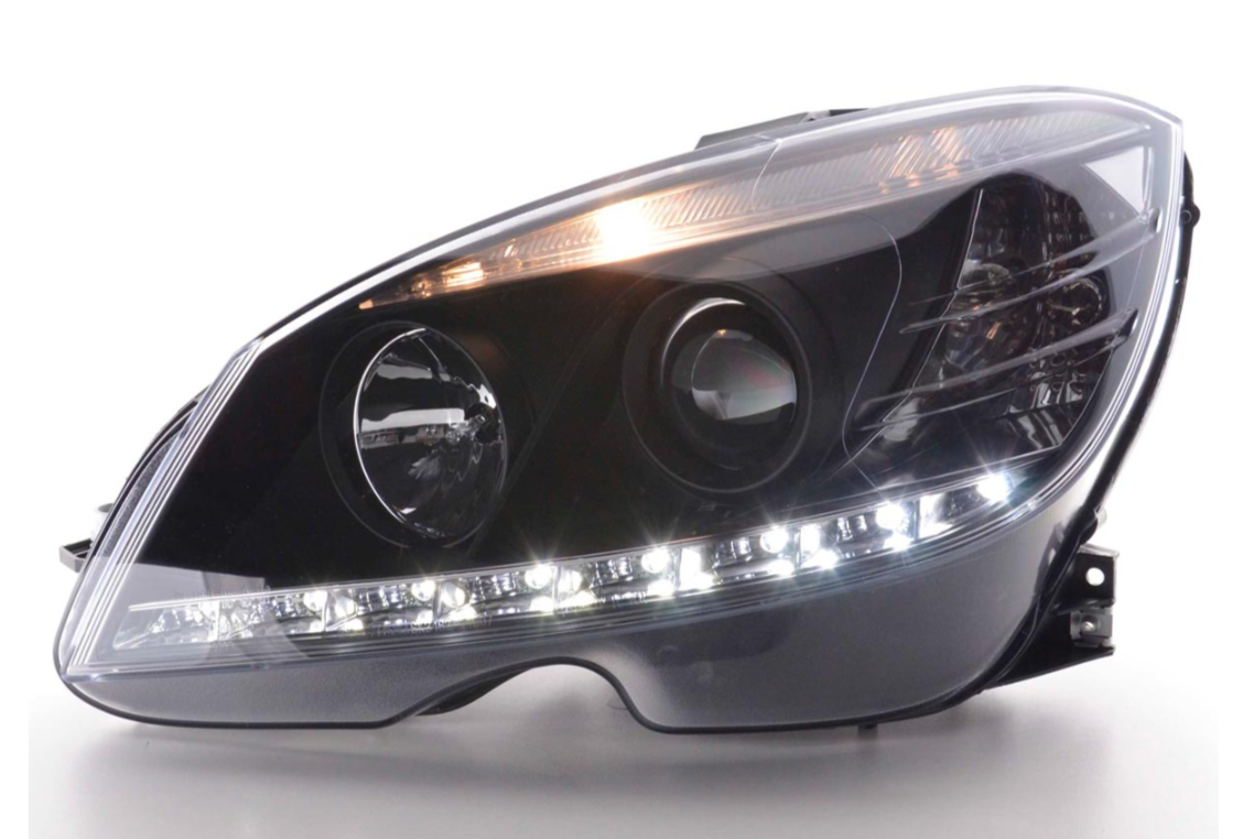 FK LED DRL Angel Eye Projektorscheinwerfer Mercedes C-Klasse W204 07–10 Schwarz LHD