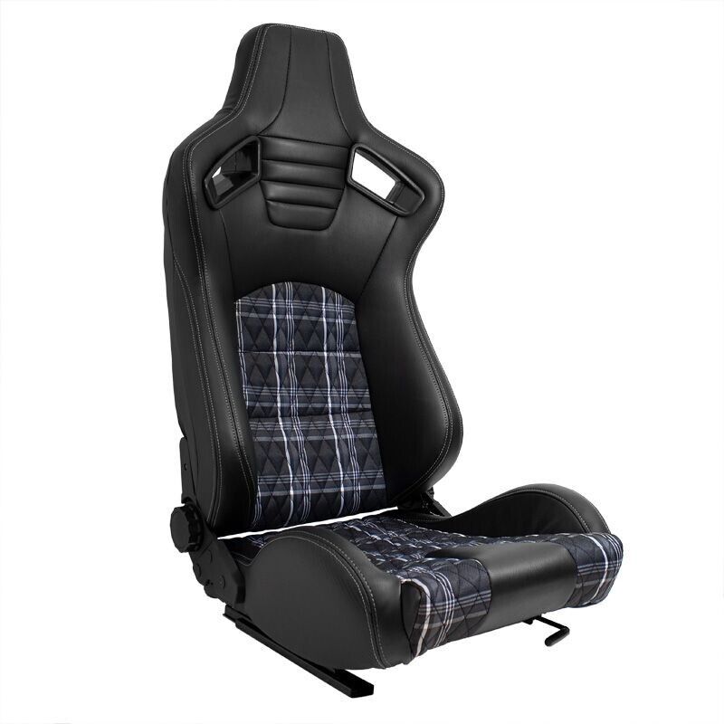 AST x2 Universal Sports Bucket Seats Black Grey Check Plaid Fold Recline +slides