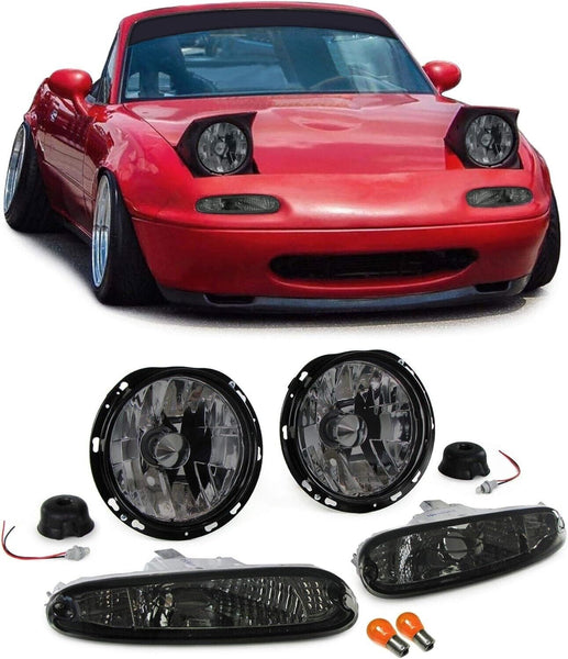 TZ Pair Glass Headlights + Indicators Black Smoke Mazda MX5 NA MK1 90-98 LHD