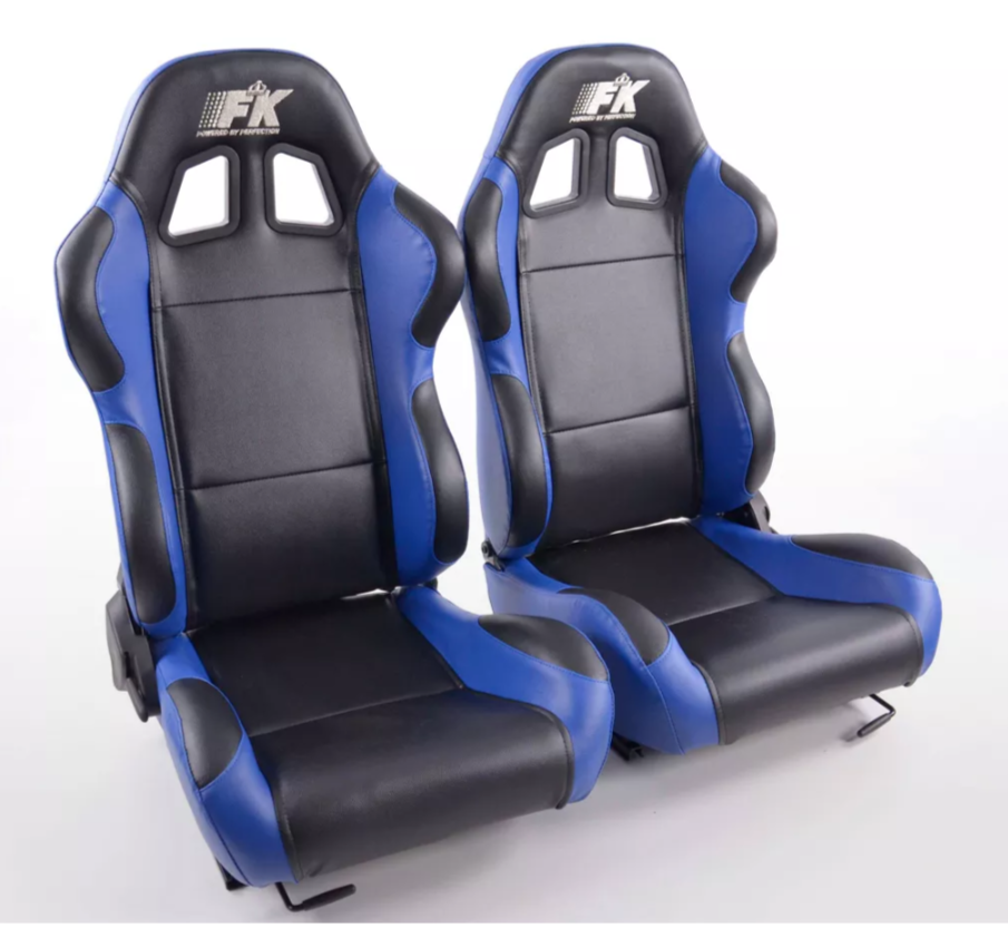 FK Pair Universal Recline / Fold Bucket Sports Seats - BLUE & Black inc slides