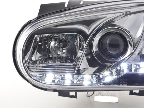 FK LED DRL Halo Lightbar Deluxe Headlights Golf 4 MK4 1J 98-03 Chrome RHD