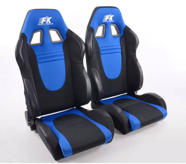 FK Pair Universal Reclining Bucket Sports Seats Blue & Black Motorsports Ed