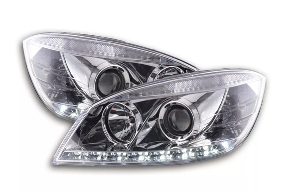 FK LED DRL Angel Eye Projector Headlights Mercedes C-Class W204 07-10 chrome LHD