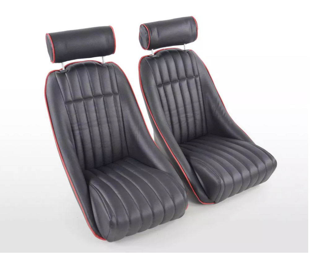 FK Pair Black & Red Piping Classic Car Retro Kit Speedster Sports Car Full Fixed Back Bucket Seats