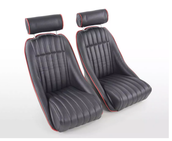FK Pair Black & Red Piping Classic Car Retro Kit Speedster Sports Car Full Fixed Back Bucket Seats