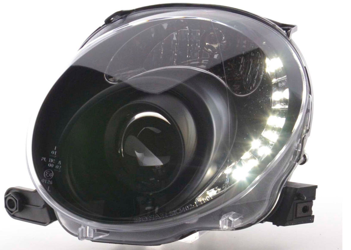 FK Paar LED DRL Angel Eye Projektor-Scheinwerfer-Set LHD Fiat 500 07+ 150 Schwarz