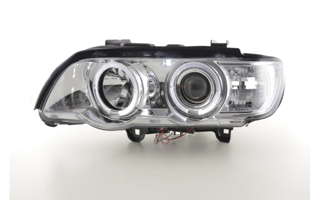 FK LED DRL Angel Eye Halo Servo Motor Headlights BMW X5 E53 98-02 chrome LHD