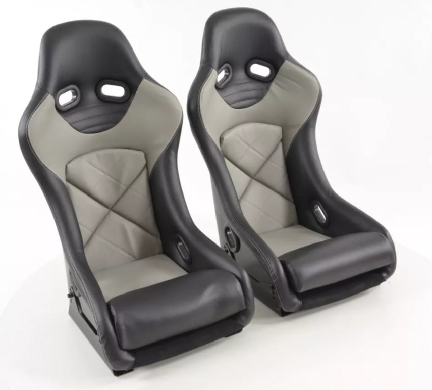 FK Pair Universal Fixed Back Bucket Sports Seats BLACK & GREY Motorsports Ed