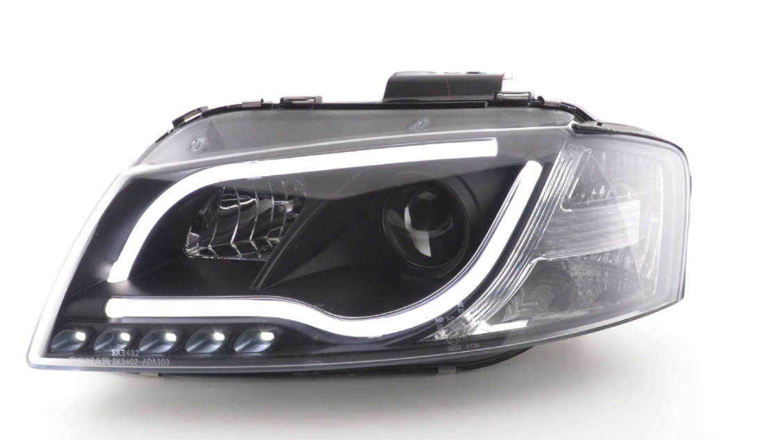 FK Set LED DRL Scheinwerfer Lightbar Halo Projektor Audi A3 8P 8PA 03-07 schwarz S3