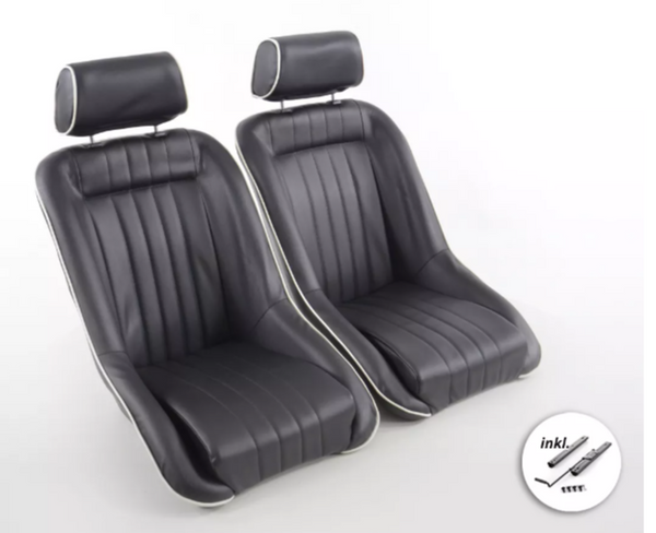 FK Pair Black White Piping Classic Car Retro Kit Sports Fixed Back Bucket Seats