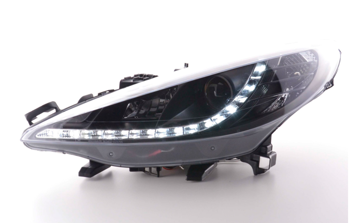 FK Set LED DRL Lichtleiste Halo Projektor Scheinwerfer Peugeot 207 06+ Schwarz LHD