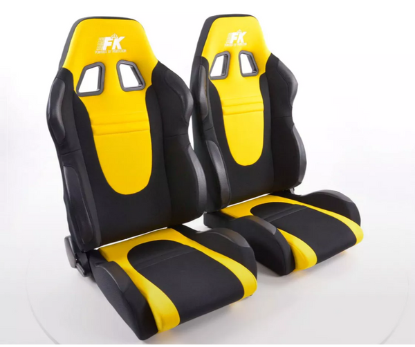 FK Pair Universal Reclining Bucket Sports Seats Black & Yellow Motorsports Ed