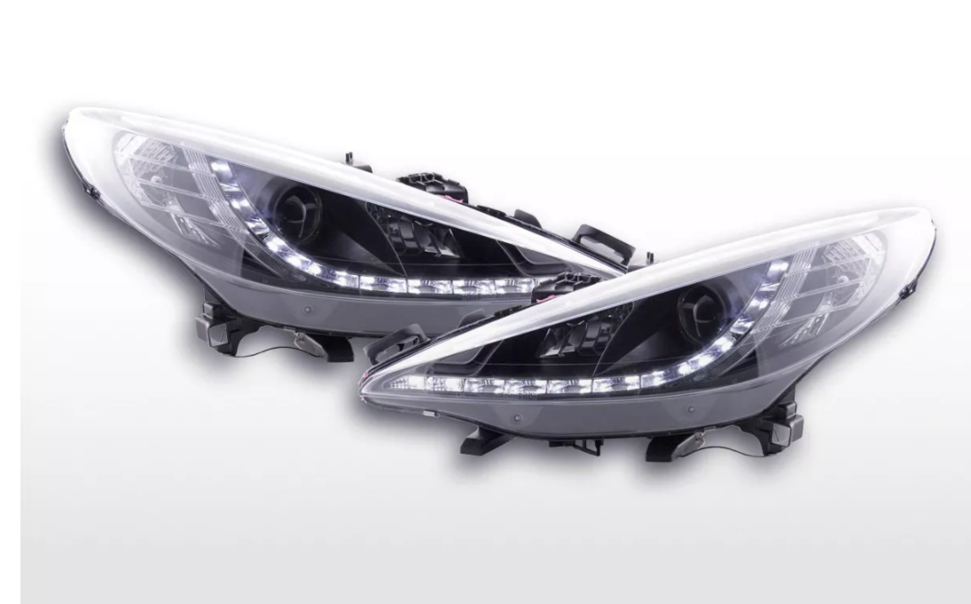 FK Set LED DRL Halo Projector Lightbar Headlights Peugeot 207 2006 + Black RHD