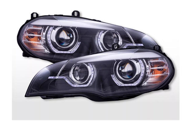 FK Pair LED DRL 3D XENON D1S H7 Headlights Headlamps BMW X5 E70 08-10 Black LHD