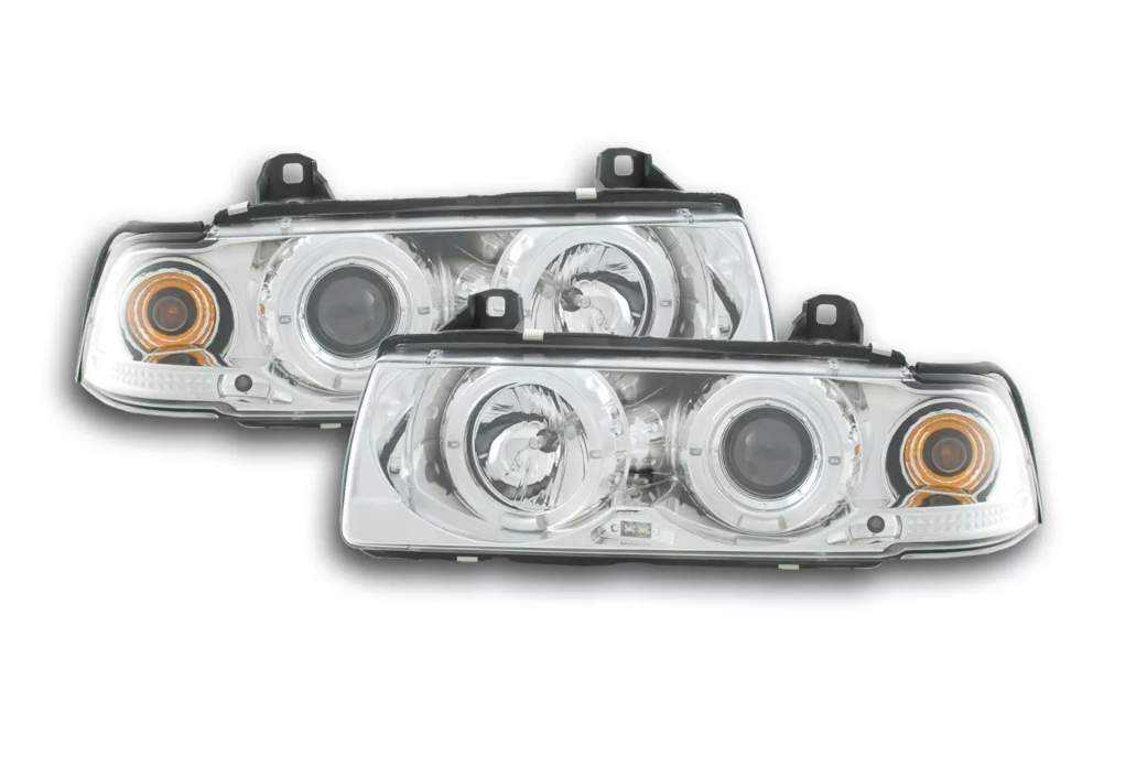 FK LED Headlights Angel Eyes Halo Ring BMW 3 series E36 Chrome Saloon 92-98 LHD