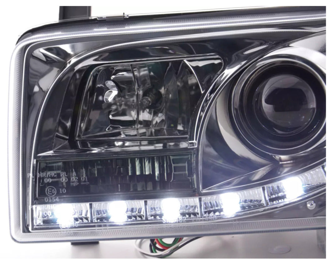 FK Set LED DRL Devil Eye Lightbar Headlights VW Transporter T4 90-96 Chrome LHD