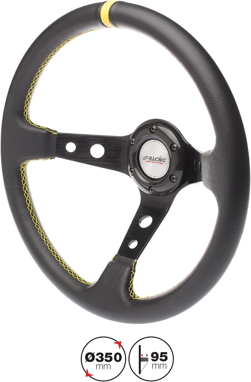 Simoni Racing Universal 350mm Leather Steering WHEEL 3 Spk Black Yellow Car Sim