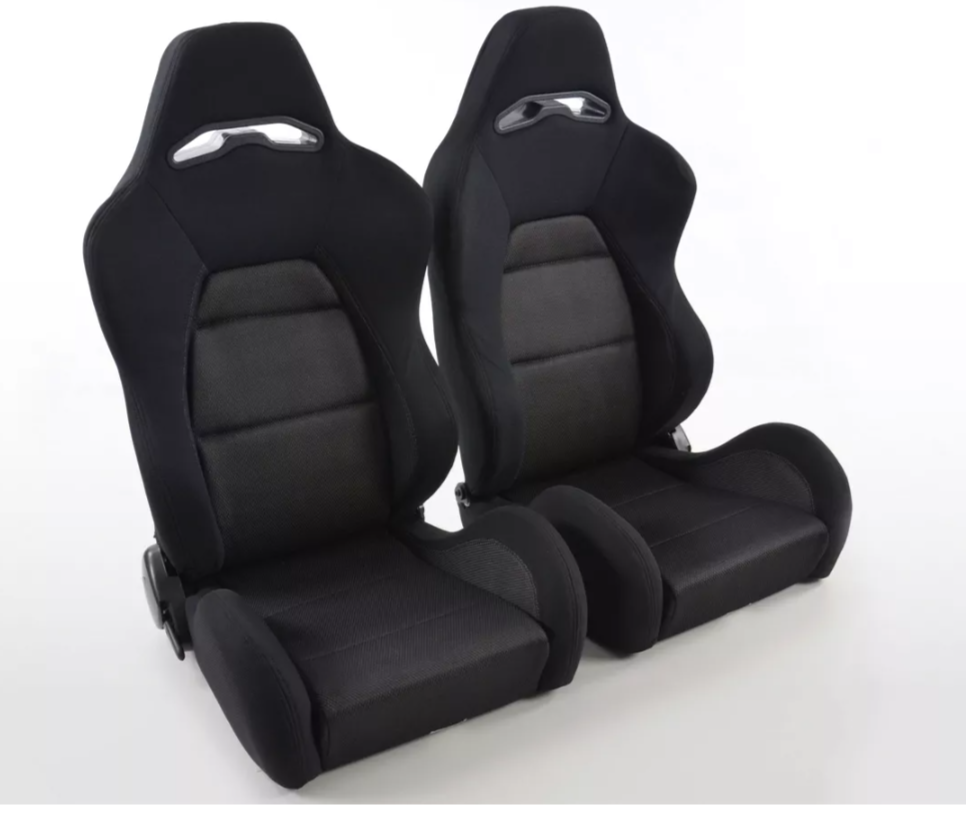 FK Pair Universal Recline Fold Bucket Sports Seats - Black Textile Fabric