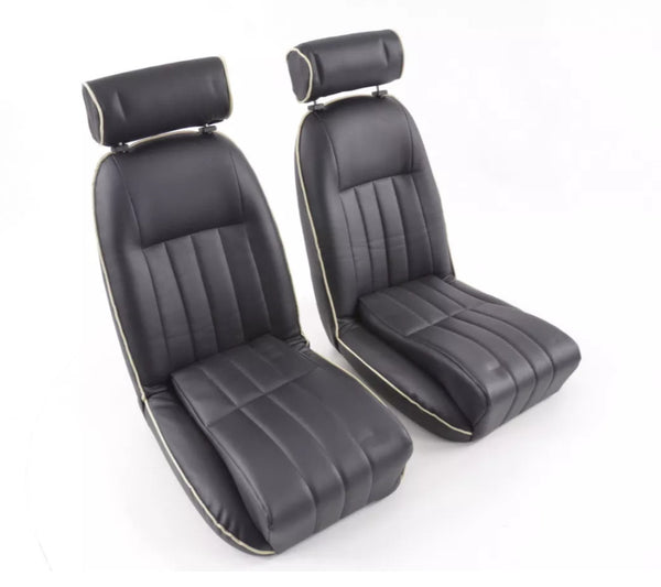 FK x2 BLACK White Piping Classic Car Retro Sports Car Fixed Back Bucket Seats