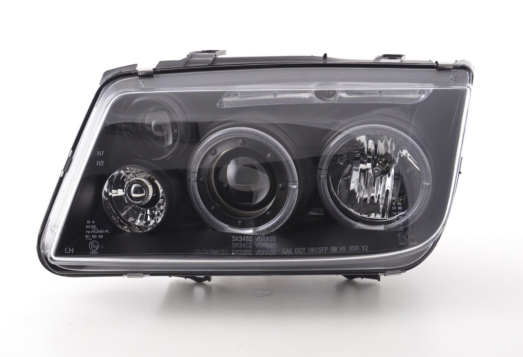 FK LED DRL Angel Eye Projektor-Scheinwerfer-Set VW Bora Typ 1J 98–05, Schwarz, RHD