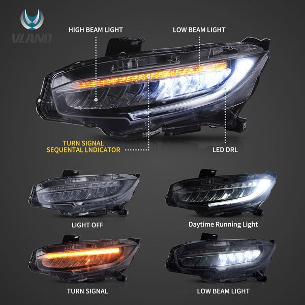 VLAND 16-21 Honda Civic 10 MK10 FC FK Chrome Lightbar LED DRL Headlights