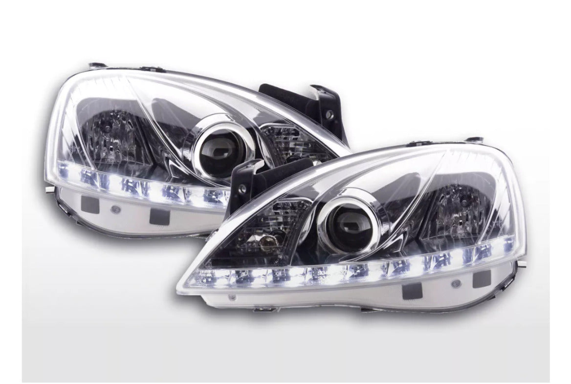 FK Opel Vauxhall Corsa C 01-06 LED DRL Halo Lightbar Projector Headlights LHD