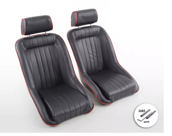 FK x2 Black Red Piping Classic Car Retro Kit Sports Fixed Back Bucket Seats