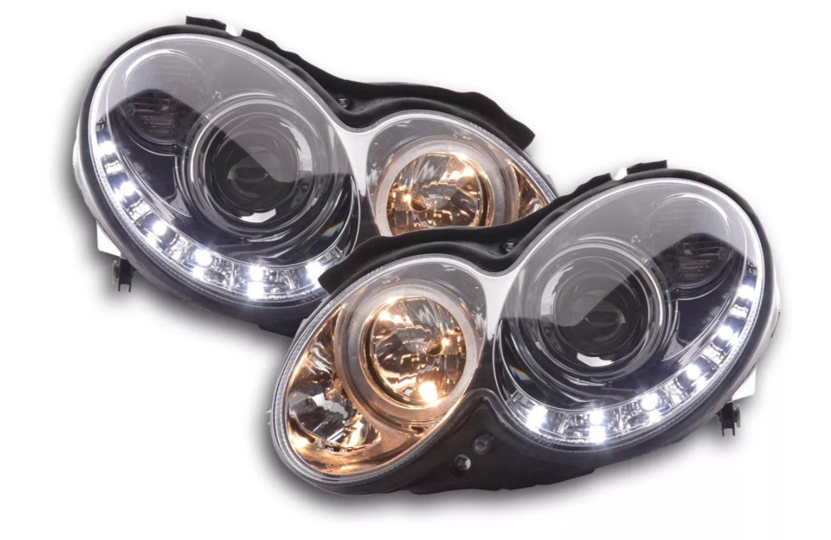 FK LED DRL Halo Lightbar Headlights Mercedes CLK W209 209 04-09 chrome servo LHD