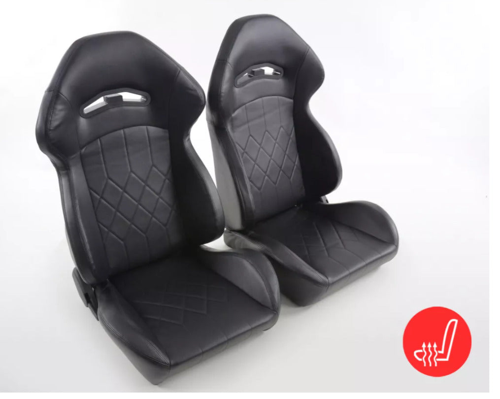 FK Pair Universal Reclining HEATED Bucket Sports Seats Black Quilted Wing Style