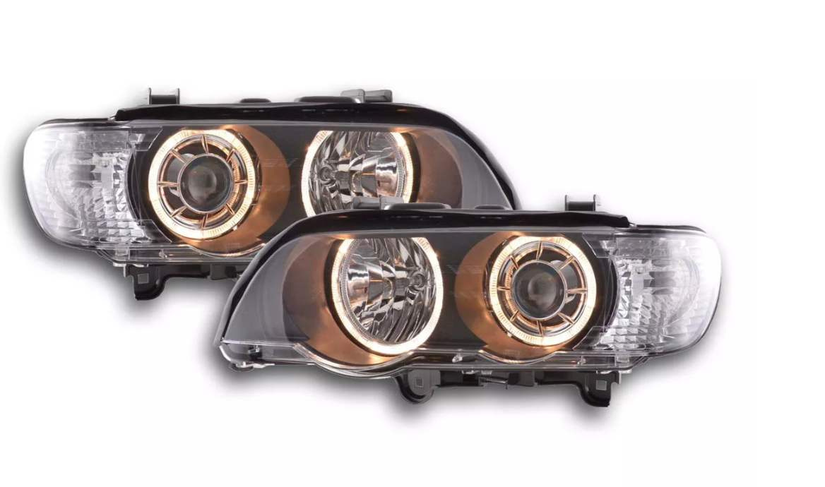 FK Pair LED DRL Halo Projector headlights BMW X5 E53 00-03 black RHD & LHD