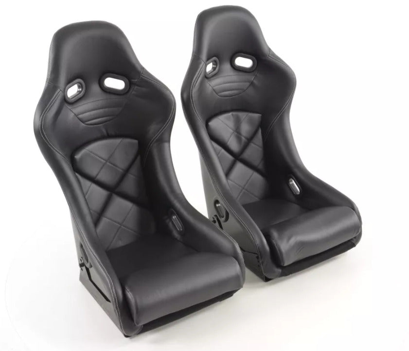 FK Pair Universal Fixed Back Bucket Sports Seats BLACK & White Stitch Edition