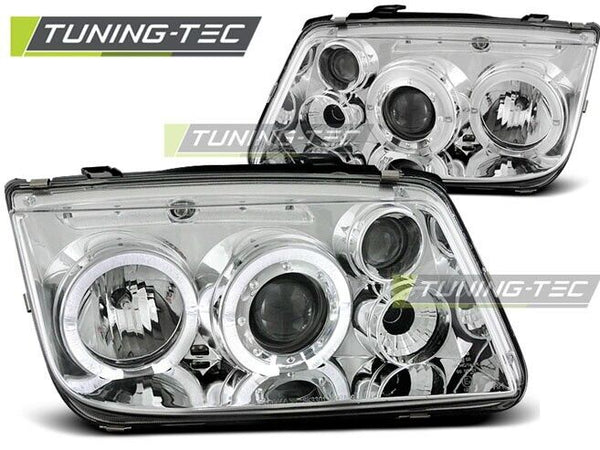 Tuning-Tec Pair LED DRL Halo Ring Headlights VW Bora 98-05 Chrome H1 H3 LHD