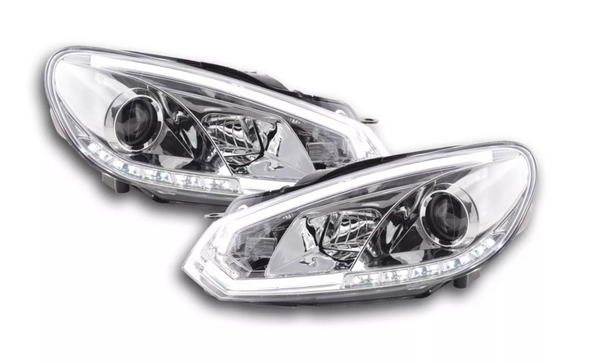 FK VW Golf 6 MK6 LED Servo 3D Eye Lightbar Headlights DRL GTI 08-12 Chrome LHD