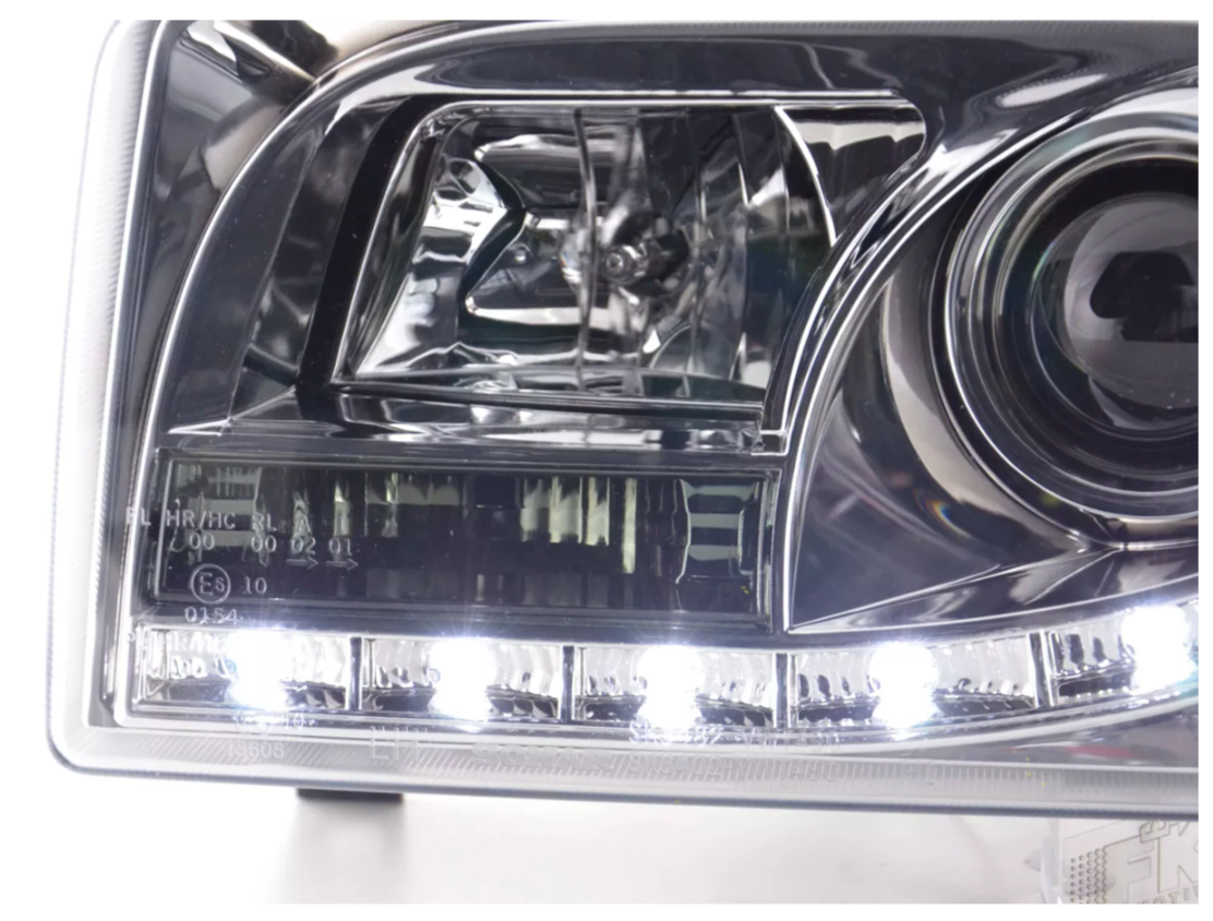 FK Set LED DRL Devil Eye Lightbar Headlights VW Transporter T4 90-03 Chrome LHD