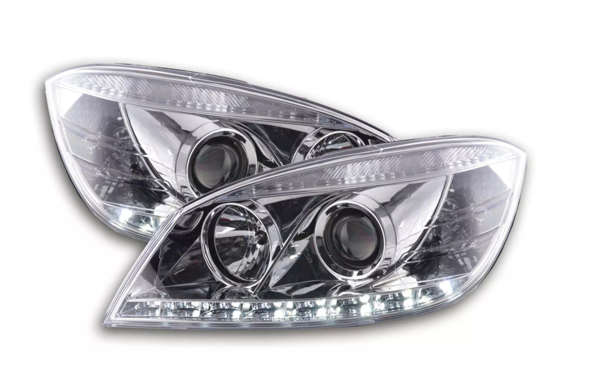 FK LED DRL Angel Eye Lightbar Headlights Mercedes C-Class W204 07-10 chrome LHD