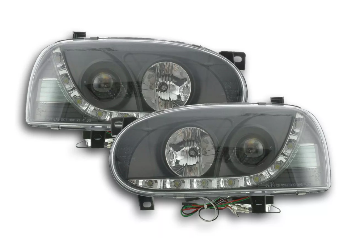 FK Pair LED DRL Lightbar Halo Headlights VW Golf 3 MK3 91-97 Black Smoke LHD