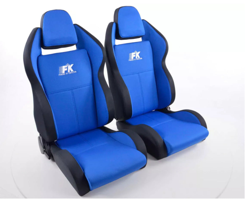 FK Pair Universal Reclining Bucket Sports Seats - Race Black & BLUE Motorsport