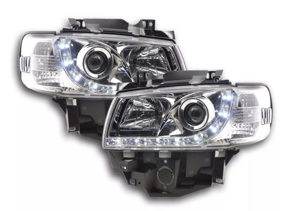 FK Set LED DRL Devil Eye Lightbar Headlights VW Transporter T4 96-03 Chrome RHD