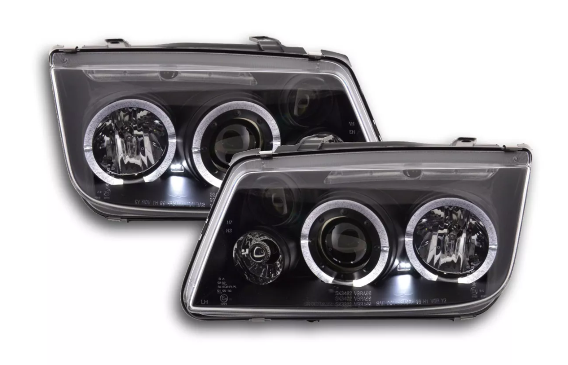 FK LED DRL Angel Eye Projektor-Scheinwerfer-Set VW Bora Typ 1J 98-05 schwarz LHD