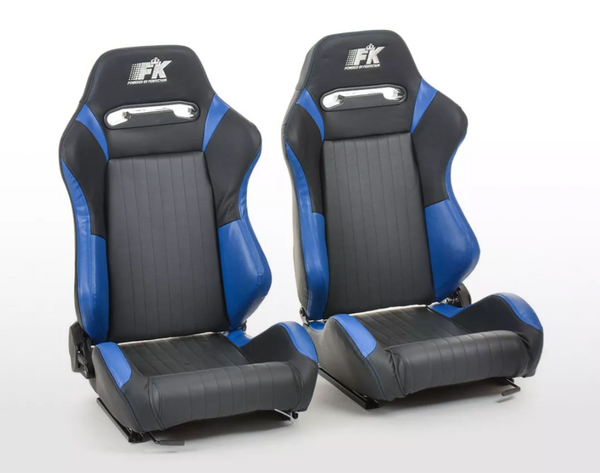 FK Pair Bucket Sports Seats Set Car Black & BLUE Motorsport Deluxe Recline Fold