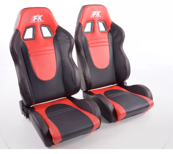 FK Pair Universal Reclining Bucket Sports Seats - Black Red Edition Syn Leather