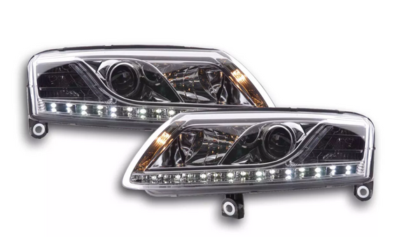 FK Pair Headlights LED DRL Lightbar Audi A6 C6 4F 04-08 chrome S6 S-Line LHD