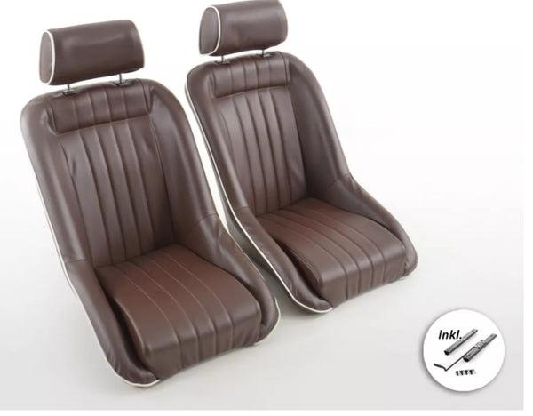 FK Pair Brown White Piping Classic Car Retro Kit Sports Fixed Back Bucket Seats