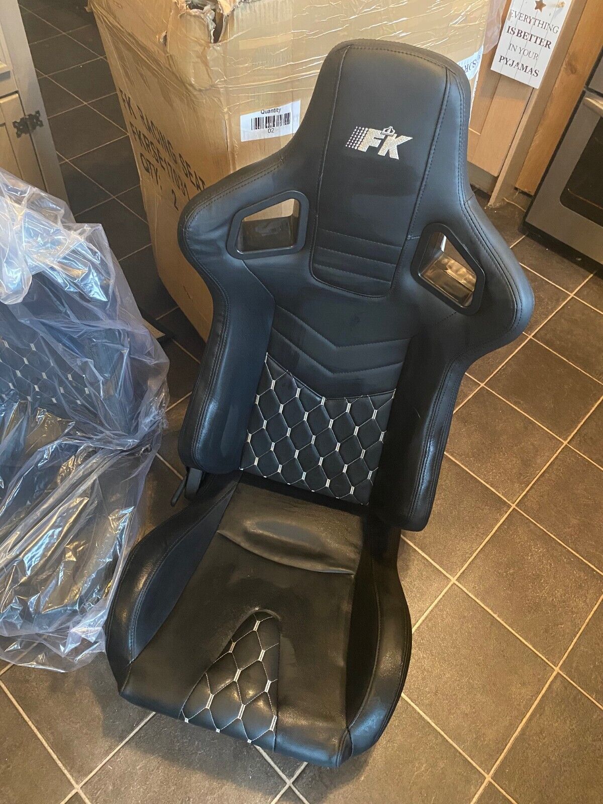 FK Pair of Universal Premium Sports Bucket Seats Black with Silver Diamond Stitching with universal slide runners