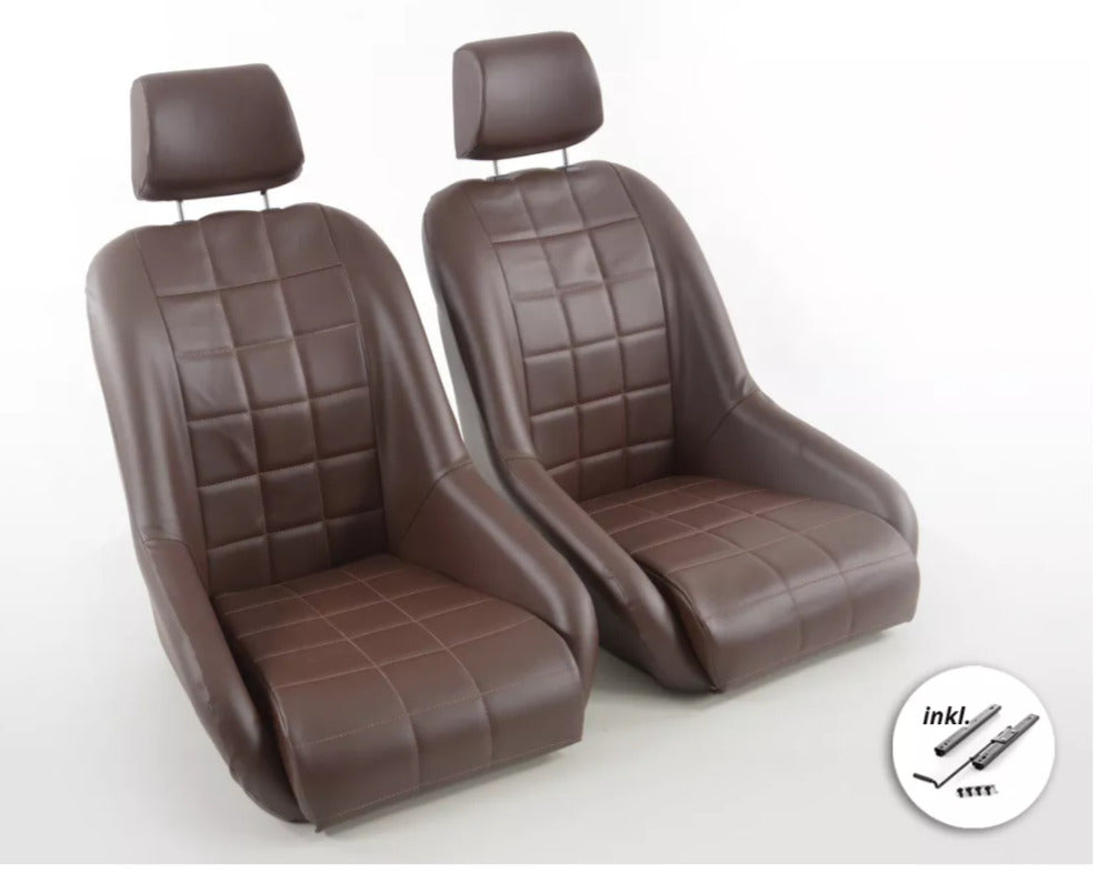 FK Pair Brown Universal Classic Car Retro Kit Speedster Sports Full Bucket Seats