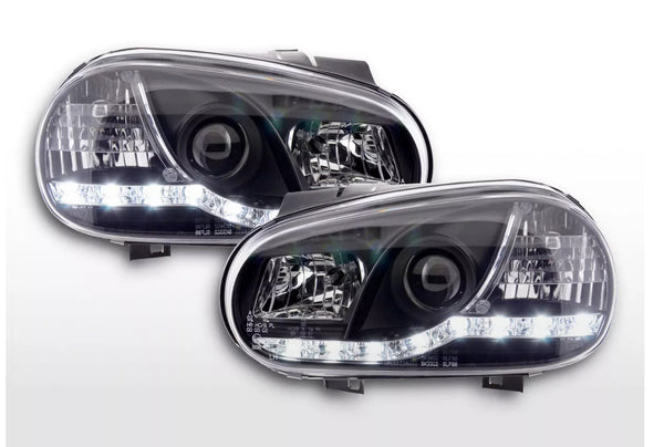 FK LED DRL Halo Projector Lightbar Deluxe Headlights Golf 4 MK4 97-03 Black RHD