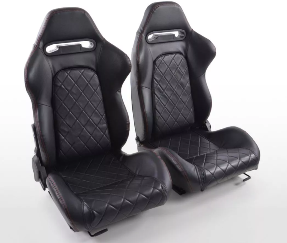 FK Pair Univ Reclining Bucket Sports Seats Luxury Quilted Black Diamond Stitch